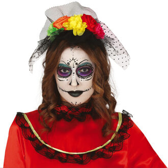 Halloween thema diadeem met bloemen en sluier - one size - zwart/kleuren - meisjes/dames Multi