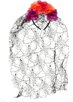 Halloween thema diadeem met bloemen en sluier - one size - zwart/oranje/roze - meisjes/dames Multi