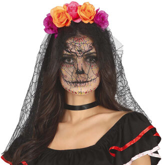 Halloween thema diadeem met bloemen en sluier - one size - zwart/oranje/roze - meisjes/dames