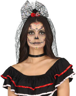 Halloween thema diadeem met bloemen en sluier - one size - zwart/rood - meisjes/dames