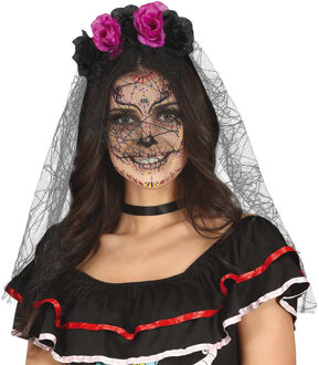 Halloween thema diadeem met bloemen en sluier - one size - zwart/roze - meisjes/dames - Verkleedhoofddeksels