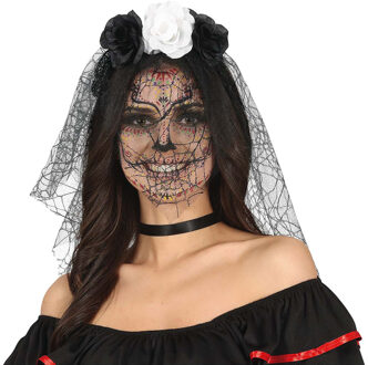 Halloween thema diadeem met bloemen en sluier - one size - zwart/wit - meisjes/dames