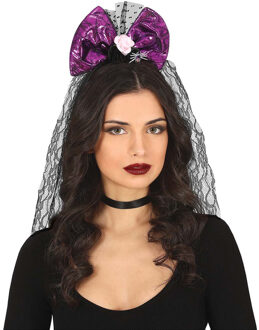Halloween thema diadeem met strik en sluier - one size - zwart/paars - meisjes/dames