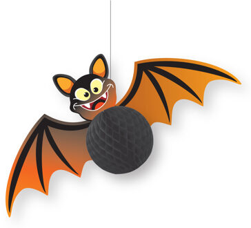 Halloween thema hangende vleermuis decoratie zwart/oranje 30 cm - Hangdecoratie Multikleur