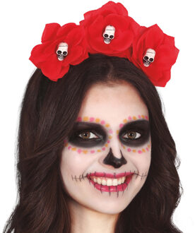 Halloween verkleed diadeem - bloemen en schedels - one size - rood - meisjes/dames - Verkleedhoofddeksels