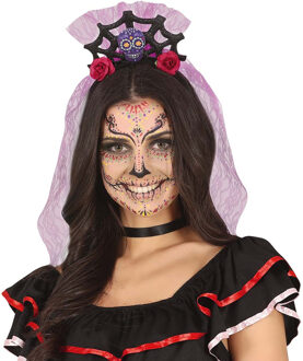 Halloween verkleed diadeem - sluier met bloemen - one size - lila paars