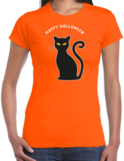 Halloween verkleed t-shirt dames - zwarte kat - oranje - themafeest outfit L
