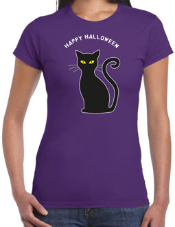 Halloween verkleed t-shirt dames - zwarte kat - paars - themafeest outfit 2XL