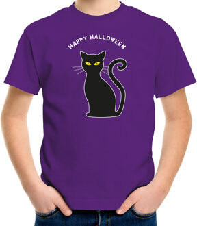 halloween verkleed t-shirt kinderen - zwarte kat - paars - themafeest outfit S (110-116)