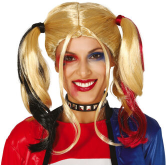 Halloween verkleedpruik lang haar met staartjes - zwart/blond/rood - dames