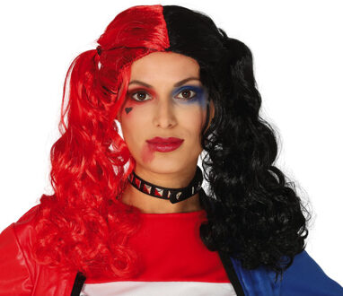 Halloween verkleedpruik lang haar met staartjes - zwart/rood - dames