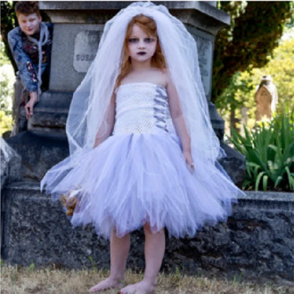 Halloween Zombie Tutu Dress Girls Ghost Bride Wedding Cosplay Costume Kids Birthday Party Dress With Veil For Photos