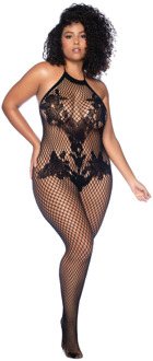 Halter en Kralenloze Bloemen Bodystocking - Koninginneformaat - Zwart