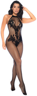 Halter en Kruidloze Bloemen Bodystocking - Één Maat - Zwart