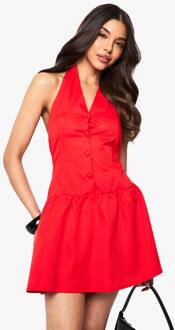 Halterhals Button Down Smock Jurk, Red - 44