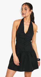 Halternek Button Down Smock Jurk, Black - 46