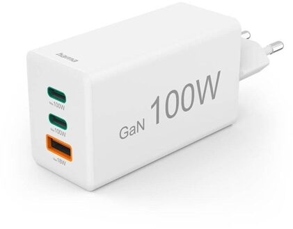 Hama Quick Charger GaN 2x USB-C PD 1x USB-A QC Mini-Charger 100 W Oplader Wit