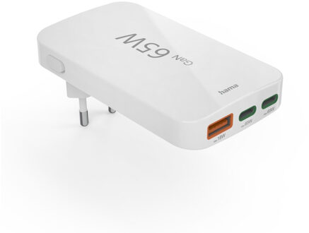 Hama Snellader 2x USB-C 1x USB-A platte mini-oplader PD 65 W Oplader Wit