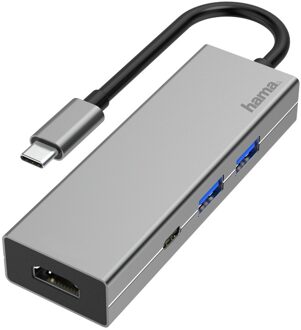 Hama USB-C-multiport-adapter, 4-poorts, 2x USB-A, USB-C, HDMI USB Hub Grijs