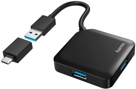 Hama USB-hub, 4-poorts, USB 3.2 Gen1, 5 Gbit/s, incl. USB-C-adapter USB Hub Zwart