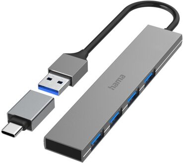 Hama USB Hub 4 Ports USB 3.2 Gen 1/ 5 Gbit/s Ultra-Slim incl. USB-C Adapter USB Hub Grijs