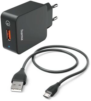 Hama USB Oplader met oplaadkabel - 19,5W - Qualcomm - USB-A naar Micro USB Kabel - 1,5 meter - Zwart