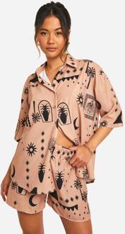 Hammered Tonale Boho Print Oversized Overhemd & Shorts Set, Mocha - 34
