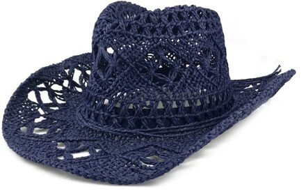 Hand Gemaakt Stro Gebreide Hollow Out West Cowboy Man Zomer Zonnescherm Gletsjer Caps Emmer Hoeden donker blauw
