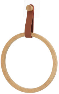 Handdoek/gastendoekjes houder ring - cognac - zelfklevend - bamboe/kunstleer - zonder boren