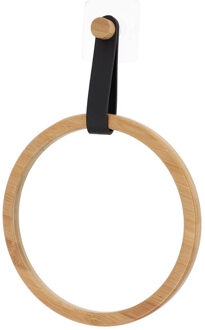 Handdoek/gastendoekjes houder ring - zwart - zelfklevend - bamboe/kunstleer - zonder boren