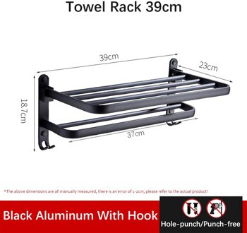 Handdoekenrek Punch-Gratis Douche Houder Badkamer Accessoires Vouwen Muur Organisator Haak Hanger Matte Black Aluminium Opslag Plank TR-A-39