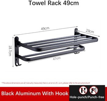 Handdoekenrek Punch-Gratis Douche Houder Badkamer Accessoires Vouwen Muur Organisator Haak Hanger Matte Black Aluminium Opslag Plank TR-A-49