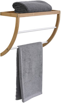 Handdoekenrek wand - 2 stangen - bamboe hout/wit - 45 x 20 x 34 cm