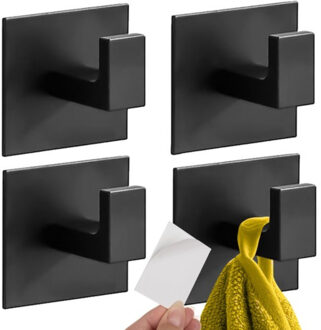 Handdoekhaakjes - 4x stuks - zwart - 5 x 5 cm - zelfklevend - hangers