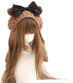 Handgemaakte Lolita Kawaii Meisje Kameel Beer Oor Met Strik Warme Wollen Muts Winter Ear Muff Gebreide Cap D559