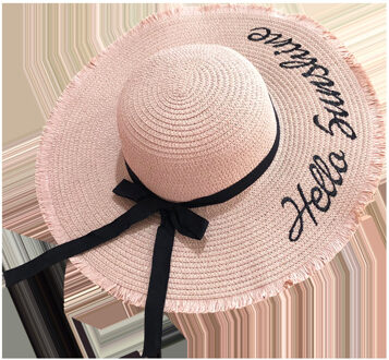 Handgemaakte Weave Brief Zon Hoeden Voor Vrouwen Black Ribbon Lace Up Grote Rand Strooien Hoed Outdoor Strand Hoed Zomer Caps N245-roze
