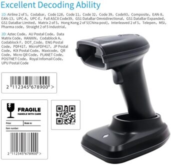 Handheld 1D/2D/QR Barcode Scanner Wireless BT & 2.4G USB Wired Bar Code Reader CMOS Image Sensor Manual/Auto Trigger Scanning