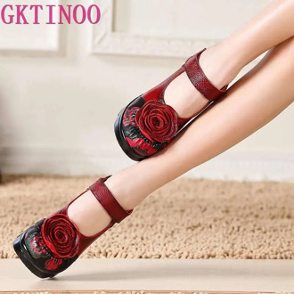 Handmade 2020 Spring Autumn Vintage Comfortable Women Wedges Genuine Leather Women's Shoes round toe Platform high heels pumps