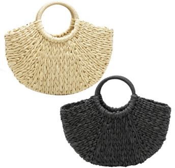 Handmade Beach Bag Round Straw Tote Bag Large Bucket Summer Bag Ladies Natural Shopping Basket Handbag