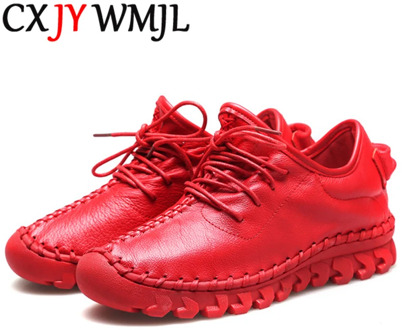 Handmade Genuine Leather Women Shoes Fashion Casual Sneakers Retro Flats Ladies Lacing Loafers Breathable Vulcanized Shoe Red 40