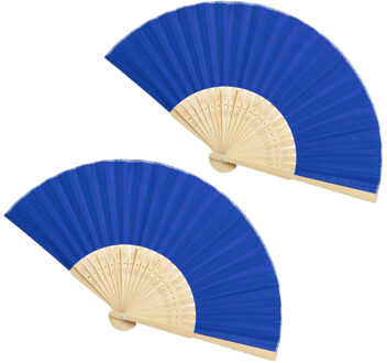 Handwaaier/spaanse waaier - 2x - blauw - bamboe/polyester - 38 x 21 cm - verkoeling/zomer
