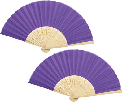 Handwaaier/spaanse waaier - 2x - paars - bamboe/polyester - 38 x 21 cm - verkoeling/zomer