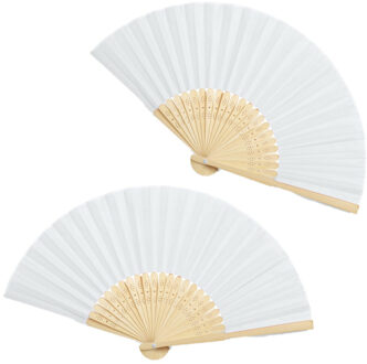 Handwaaier/spaanse waaier - 2x stuks - wit - bamboe/polyester - 38 x 21 cm - verkoeling/zomer