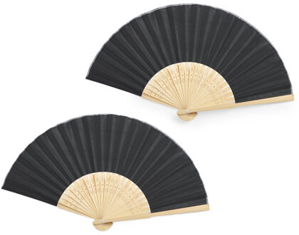 Handwaaier/Spaanse waaier - 2x - zwart - bamboe/polyester - 38 x 21 cm - verkoeling/zomer