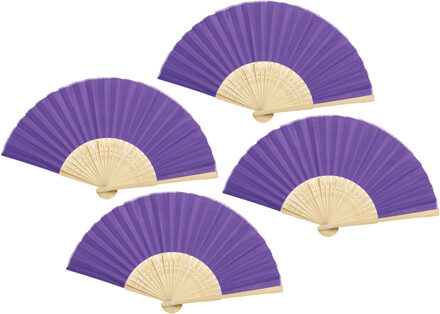 Handwaaier/spaanse waaier - 4x - paars - bamboe/polyester - 38 x 21 cm - verkoeling/zomer