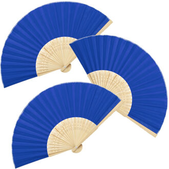 Handwaaier/spaanse waaier - 4x stuks - blauw - bamboe/polyester - 38 x 21 cm - verkoeling/zomer