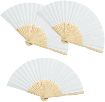 Handwaaier/spaanse waaier - 4x stuks - wit - bamboe/polyester - 38 x 21 cm - verkoeling/zomer