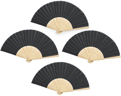 Handwaaier/Spaanse waaier - 4x stuks - zwart - bamboe/polyester - 38 x 21 cm - verkoeling/zomer
