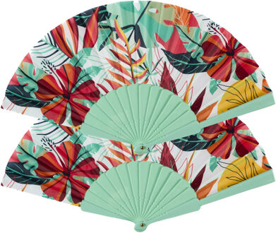 Handwaaier/spaanse waaier Flowers - 2x - groen - polyester - 40 x 23 cm - verkoeling/zomer