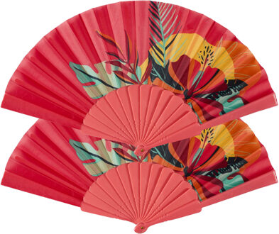 Handwaaier/spaanse waaier Flowers - 6x - rood - polyester - 40 x 23 cm - verkoeling/zomer